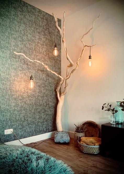 Diy Tree Lamp, Branch Shelves, Apartment Decor Black, Best Greige Paint, Retreat Home, Black Feature Wall, Greige Paint Colors, Greige Paint, Diy Lampe