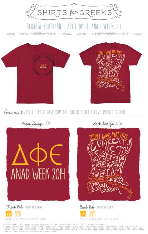 DPhiE ANAD Week | Count What Matters | shirtsforgreeks.com Anad Week Dphie, Philanthropy Ideas, Delta Phi Epsilon, Georgia Southern, Sorority Life, Tshirt Ideas, Color Shorts, Pocket Tshirt, Front Design