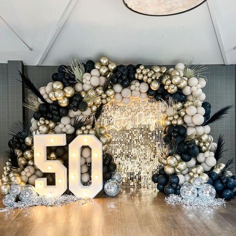 50th Birthday Ideas For Women Backdrop, Lets Party Backdrop, Sequin Wall With Balloons, 75th Party Ideas, 50 Th Birthday Decorations, 50th Backdrop Ideas, Sequin Backdrop With Balloons, 50th Anniversary Backdrop Ideas, Ballon Decoration Ideas Events