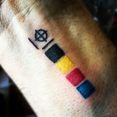 Colour bars - crop marks - designer geek tattoo Pantone Tattoo Ideas, Cmyk Tattoo, Pantone Tattoo, Crab Tattoos, Tattoo Finger, Rose Shoulder Tattoo, Food Tattoos, Dot Tattoos, Geek Tattoo