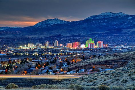 The Reno skyline shot from the TMCC community college (7000 Dandini Blvd, Reno, NV 89512). The best time to shoot is the sunset. Reno Nevada, Reno Nv, Community College, Favorite City, The Sunset, Seattle Skyline, Nevada, New York Skyline, Reno