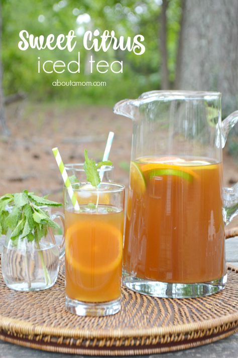 Sweet Citrus Mint Iced Tea Recipe - About a Mom Citrus Tea, Refreshing Recipes, Edible Ideas, Dishes Recipe, Iced Tea Recipe, Drinks Smoothies, Cocktails Recipes, Iced Tea Recipes, Mint Recipes