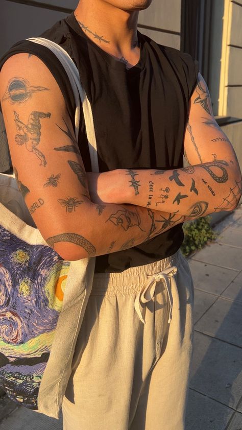 Dainty Men Tattoo, Guys With Patchwork Tattoos, Male Sticker Tattoo Sleeve, Edgy Guy Tattoos, Patchy Tattoos Men, Old Money With Tattoo, Cool Male Tattoos Ideas, Male Tattoos Patchwork, Gentlemen Tattoo For Men