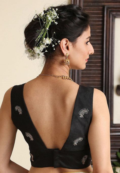 Embroidered Dupion Silk Blouse in Black Sleevless Saree Blouse Pattern Design, Sleevless Saree Blouse Back Designs, Blouse Patterns Back Side, Black Saree Blouse Ideas, Blouse Black Designs, Black Colour Blouse Designs, Black Blouse Designs Latest, Square Neck Blouse Designs, Black Blouse Design