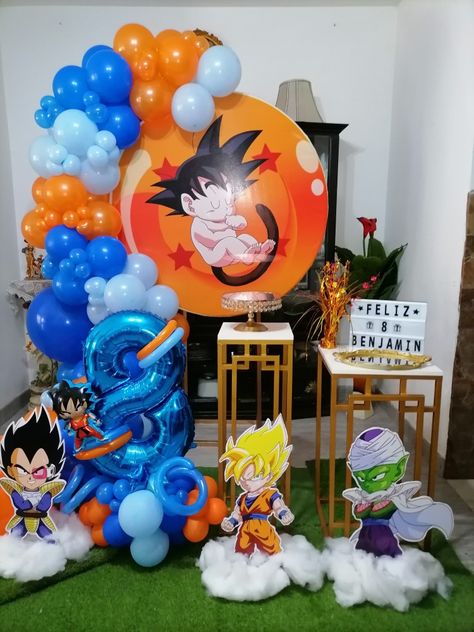 Decoración sencilla de dragon ball baby... Goku Bday Party, Dragon Ball Z Decorations Birthday Parties, Vegeta Birthday Party Ideas, Dragon Ball First Birthday, Dragon Ball Z 1st Birthday Party, Dragon Ball Z Gender Reveal Ideas, Dragon Ball Z First Birthday, Dragon Ball Birthday Party Ideas, Dragon Ball Z Centerpieces