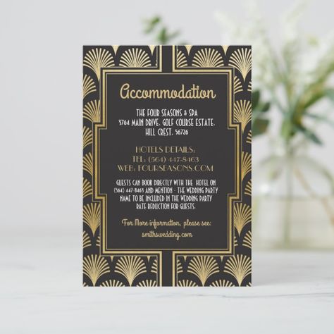 Gatsby Art Deco 1920s Accommodation Wedding Fan Enclosure Card Accommodation#Fan#Wedding#Gatsby Black And Gold Wedding Invitations, Wedding Gatsby, Art Deco Wedding Theme, New Years Eve Party Ideas, Wedding Fan, Gatsby Art, Black And Gold Wedding, 15 Birthday, Monogram Wedding Invitations