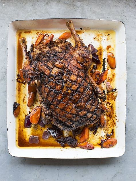 Roast duck with Marsala gravy | Duck recipes | Jamie Oliver recipes Christmas Gravy, Homemade Fish And Chips, Roasted Duck Recipes, High End Restaurant, Duck Breast Recipe, Quail Recipes, Duck Fat Fries, Winter Holiday Recipes, Duck Breast