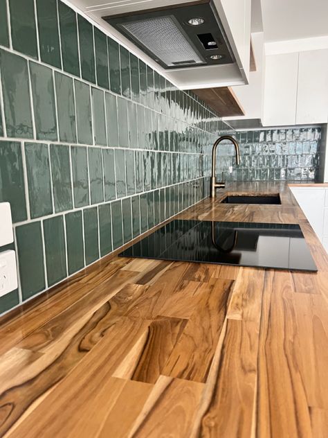 Olive green tiles timber kitchen bench Kitchen Benchtops Ideas, Timber Benchtop Kitchen, Timber Benchtop, Timber Kitchen, Green Tiles, Kitchen Benchtops, Kitchen Bench, White Kitchens, Kitchen Splashback