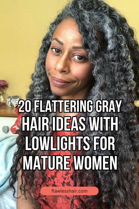 Curly Gray Hair With Black Lowlights Highlights With Gray Hair Natural, Gray Hair Ideas, Black Lowlights, Embracing Gray Hair, Curly Gray Hair, Natural Grey Hair, Styles For Women Over 50, Gray Hair With Lowlights, Brown Hair With Lowlights