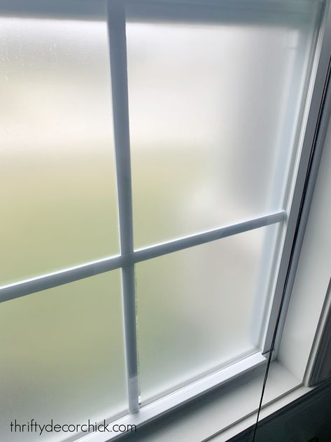 Frosted Window Diy, Diy Frosted Glass Window, Contact Paper Window, Frosted Glass Diy, Frosted Glass Paint, Frosted Glass Pantry Door, Diy Window Shades, Glass Pantry Door, Frosted Glass Window