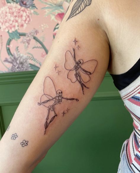 Skeleton With Wings Tattoo, Skeleton With Butterfly Wings, Skeleton Fairies, Fairies Tattoo, Gothic Fairy Tattoo, Skeleton Fairy, Butterfly Wing Tattoo, Pixie Tattoo, Skull Tattoo Flowers