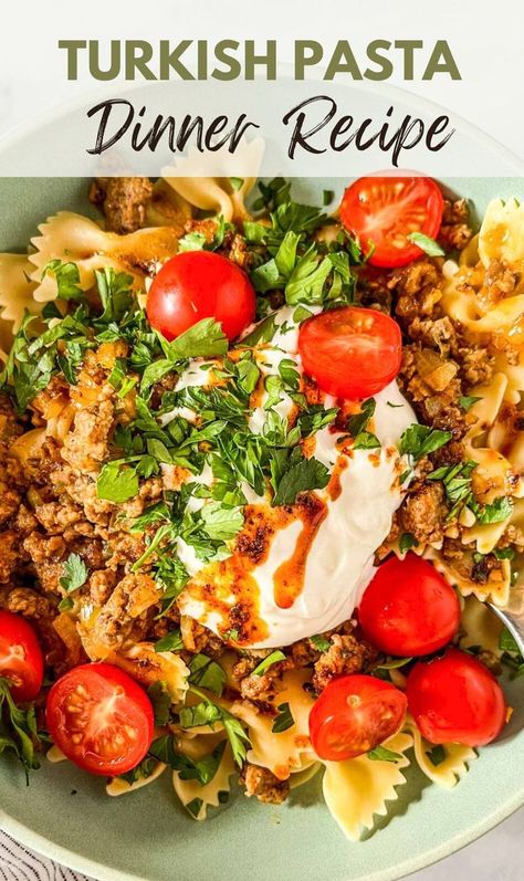 This delicious Turkish pasta recipe is going viral on TikTok! It's a take on the classic Turkish dumpling recipe, manti. However, this dish is much easier to make (some people even call it cheat manti)! This tasty viral Turkish pasta recipe from Anna Paul is going to be your new favorite dinner! Turkish Pasta, Best Mediterranean Recipes, Pasta Recipes Healthy, Healthy Main Meals, Pasta Vegetarian, Delicious Pasta Recipes, Pasta Fresh, Steak Pasta, Pasta Easy