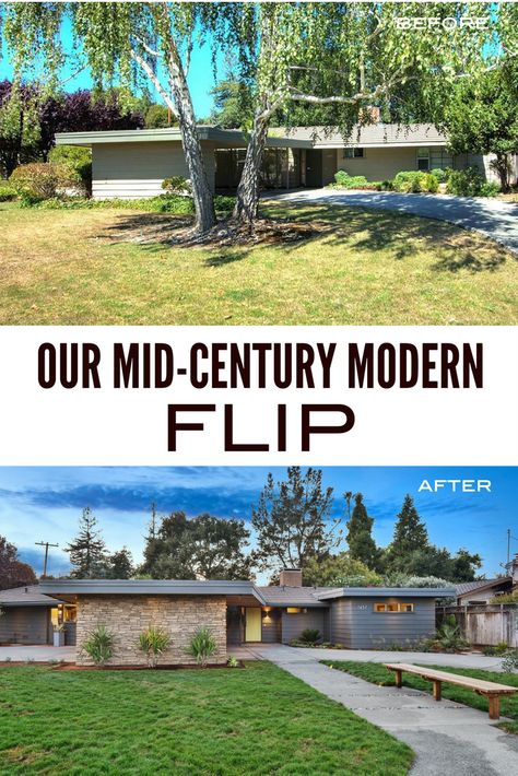 Flipping Houses | Home Renovation in Silicon Valley Mid Century Modern House Exterior, Mid Century Remodel, Mid Century Modern Exterior, Flip House, Mid Century Exterior, Modern Remodel, Mid Century Ranch, Home Exterior Makeover, Exterior Renovation