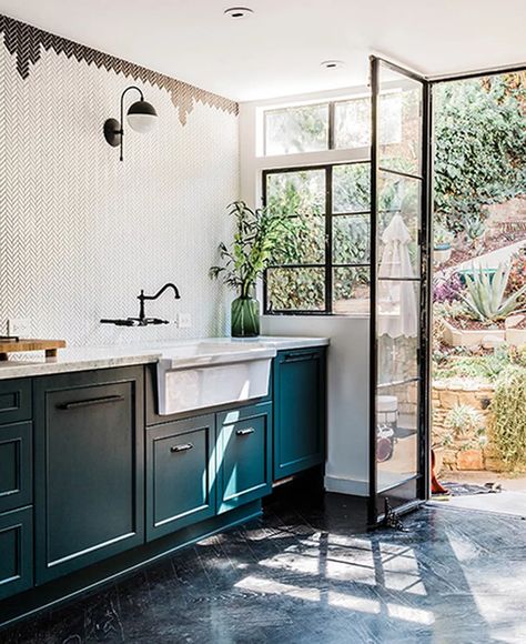 Teal Kitchens: Ideas and Inspiration | Hunker Teal Kitchen Cabinets Black Counter, Teal And Oak Kitchen, Black And Teal Kitchen, Deep Teal Kitchen, Dark Teal Kitchen Cabinets, Teal Kitchens, Teal Kitchen Cabinets, Teal Cabinets, Interior Colour Schemes