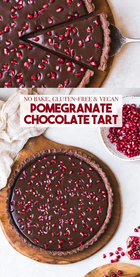 This No-Bake Chocolate Pomegranate Tart is made with 8 simple ingredients and is perfect for holiday entertaining! No baking required for this gluten-free, paleo, and vegan tart. Pomegranate Tart, Pomegranate Chocolate, Vegan Tart, Vegan Holiday Desserts, Chocolate Pomegranate, Dessert For A Crowd, Vegan Tarts, Pomegranate Recipes, Vegan Holiday