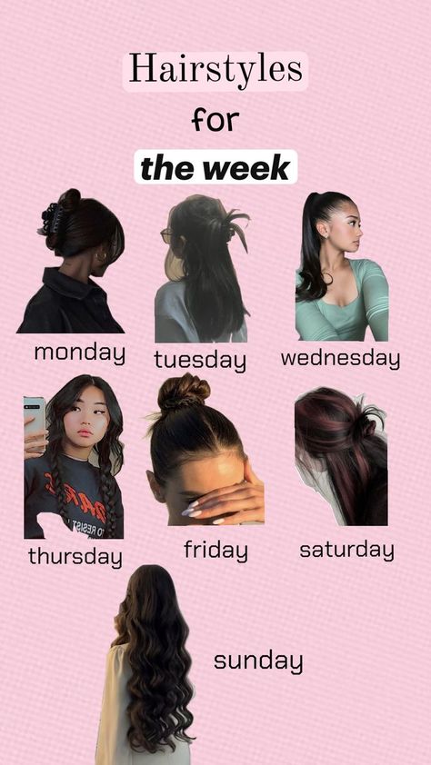 hair inspo for a week Picture Day Hairstyles Long Hair, Hair Of The Week, Hair For The Week, A Week Of Hairstyles, Hair Styles For The Week, Full Week Of Hairstyles, Hair Styles For School Easy Lazy, School Day Hairstyles, Hair Styles For School Easy Cute