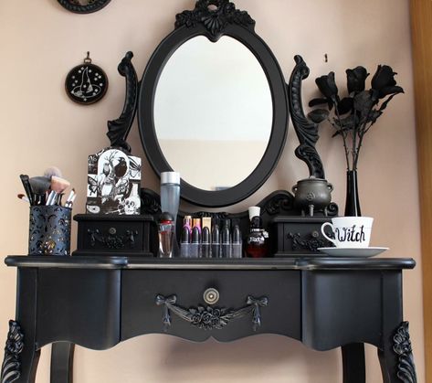 Gothic vanity                                                                                                                                                      More Gothic Vanity, Black Dressing Tables, Goth Bedroom, Gothic Room, Gothic Bedroom, Gothic Furniture, Goth Home, Goth Home Decor, Goth Decor