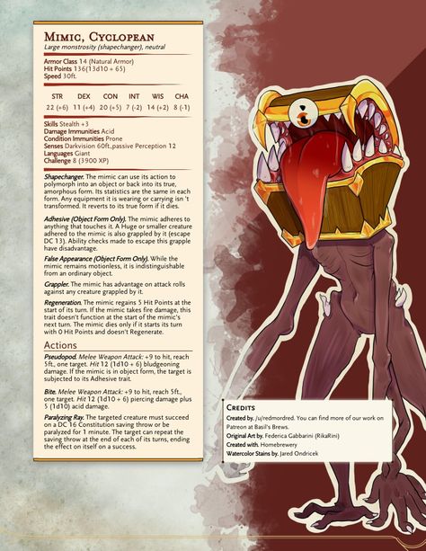 Mimic Creature, Dnd Stats, Dungeons And Dragons 5e, The Mimic, Ascii Art, Dnd 5e Homebrew, Dnd Dragons, D D Monsters, D Book