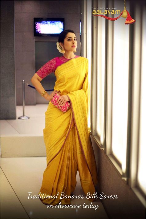 Yellow Sari, Indian Sari Dress, Indian Bridal Sarees, Indian Saree Blouses Designs, Saree Blouse Patterns, Yellow Saree, Saree Blouse Designs Latest, Saree Trends, Contrast Blouse