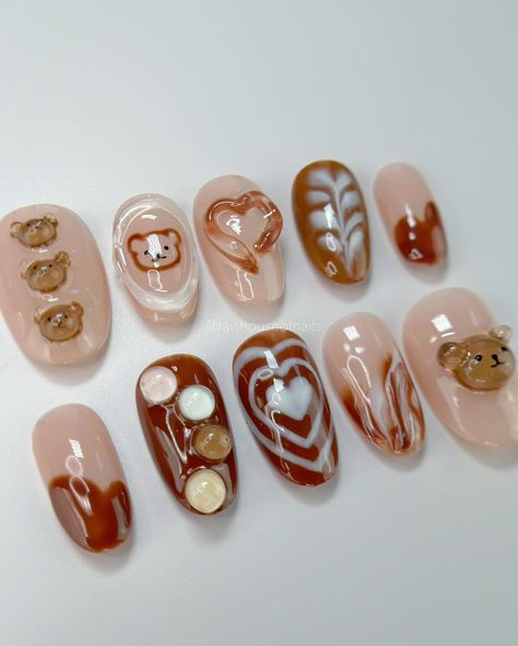 Cute coffee bears press on nails 🐻 ☕️ #pressonnails #3dnails #cutenails #nailart #fallnails Cute Bear Nail Designs, Bear Short Nails, Winter Bear Nails, Bakery Nail Art, 3d Bear Nails, Bear Themed Nails, Thanksgiving Food Nails, Barista Nails, Nail Press On Designs