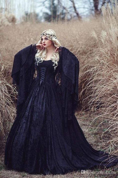 Vintage Gothic Hallowen Lace Princess Wedding Dresses 2017 Plus Size Off-shoulder Long Sleeve Castle Chapel Train Bridal Wedding Gown Gaun Abad Pertengahan, Gothic Wedding Dress, Lace Wedding Dress With Sleeves, Trumpet Wedding Dress, Trendy Wedding Dresses, Lace Dress With Sleeves, Medieval Dress, Gothic Wedding, Vestidos Vintage