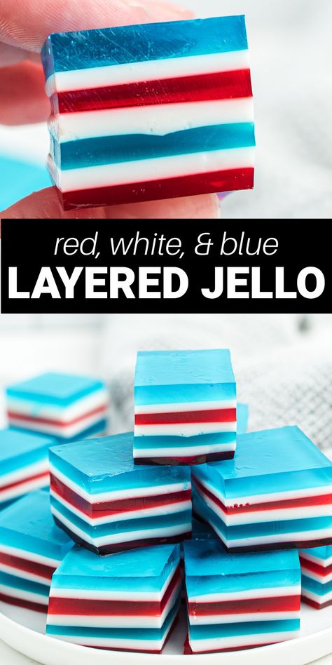 Red White Blue Jello Desserts, What To Do With A Coconut, White Jello Recipe, Fourth Of July Jello, Finger Jello Recipe, Red White Blue Jello, Jello Squares, 4th Of July Jello, Layered Jello Recipe