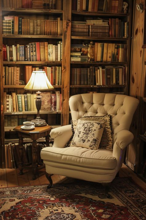 15+ Creative Reading Nook Ideas for Any Small Space - DreamyHomeStyle Cottage Library Small Spaces, Reading Chair Aesthetic, Vintage Reading Nook, Small Reading Room Ideas, Reading Corner Bedroom, Tiny Library Room, Reading Nook Ideas For Adults, Room Library Ideas, Corner Bedroom