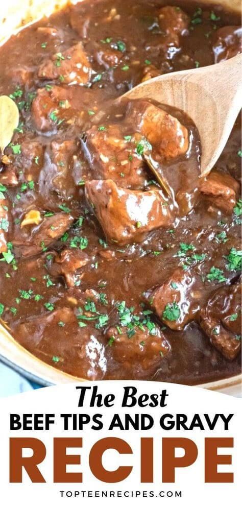 The BEST Beef Tips and Gravy Recipe - Top Recipes Ways To Use Steak Meat, Chuck Steak Dinner Ideas, Beef Tips With Au Jus Gravy, French Onion Beef Tips, Beef Tips And Gravy Oven, Beef Tips Recipe Oven, Canned Roast Beef Recipes, Best Beef Tips And Gravy, Romertopf Recipes