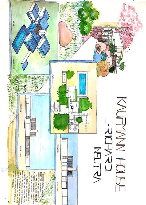 Architectural Sheet Presentation, Kaufmann Desert House, Sheet Presentation, Kaufman House, Kaufmann House, Arch Sketch, Desert House, Richard Neutra, House Sketch