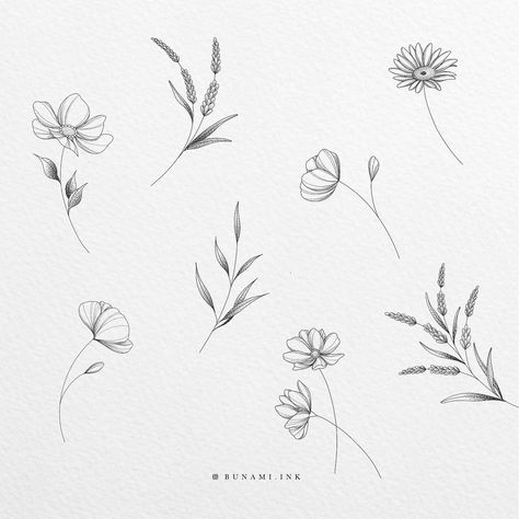 Simple Cosmos Tattoo, Flowers Line Tattoo, Dainty Fine Line Tattoo, Fineline Floral Tattoo, Fine Line Flowers, Fineline Flowers, Leg Tattoos Aesthetic, Bunami Ink, Dainty Flower Tattoos