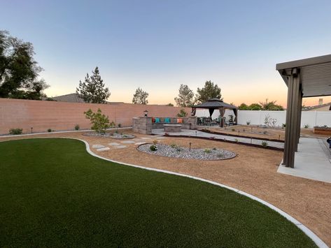 Fire Pit Gazebo, Desert Backyard, Pavers Backyard, Drought Tolerant Landscape, Arizona Landscape, Big Backyard, Backyard Remodel, So Cal, Artificial Turf