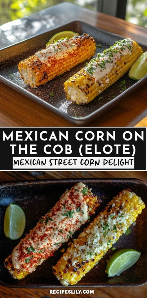 I can't get enough of this mouthwatering Mexican street corn, or elote! Grilled to perfection, it’s slathered in creamy sauces, and topped with tangy cheese and spices. Perfect for summer barbecues or a tasty snack any time! Recipe Mexican Street Corn, Elote Corn Recipe Air Fryer, Best Street Corn Recipe, Joanna Gaines Street Corn, Mexican Corn For Tacos, Mexican Street Corn Oven Roasted, Summer Mexican Food, Mexican Street Corn In Oven, Mexican Camping Meals