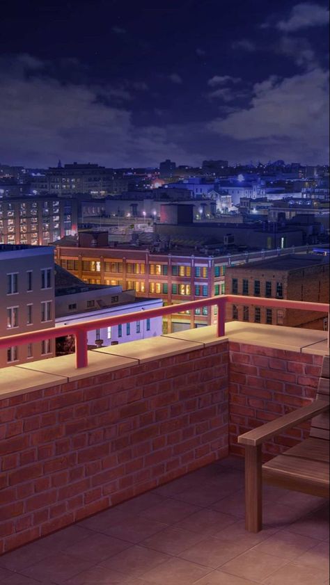 City From Rooftop, Anime Rooftop, Anime Backgrounds Rooftop, Gacha Backgrounds Outside Night, Rooftop Background, Animation Background Art, Rooftop Night, Backgrounds Outside, City Backgrounds