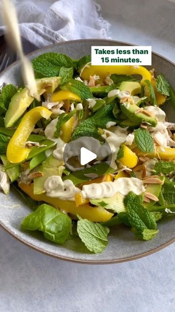 Sarah Pound on Instagram: "CREAMY CHICKEN, AVOCADO & MANGO SALAD 

ABSOLUTELY DELICIOUS!!! 
I inhaled this salad 🤣
So fresh and creamy at the same time. No cooking involved so it’s super quick. 
Perfect for lunch, dinner or taking to a bbq. 
Just delicious 🤤

Serves 2

Ingredients:
1 cup spinach or rocket 
1 lebanese cucumber, chopped into half moons
1 cup snow peas, washed, trimmed & sliced 
1/2 yellow capsicum, sliced into strips 
1 small mango, sliced 
1 cup cooked chicken (store bought chicken is fine)
1 avocado, sliced 
2 tablespoons silvered almonds, toasted 
½ cup mint leaves

Dressing:
2 tablespoons Greek yoghurt 
1 tablespoon mayonnaise 
1/2 teaspoon curry powder 
1 teaspoon apple cider vinegar 
1/2 teaspoon sea salt flakes 
½ teaspoon cracked black pepper 

Method:

1. For the Mango Curry Chicken Salad, Mango Curry Chicken, Avocado Mango Salad, Yellow Capsicum, Salad Board, Chicken Store, Curry Chicken Salad, Mango Curry, Half Moons