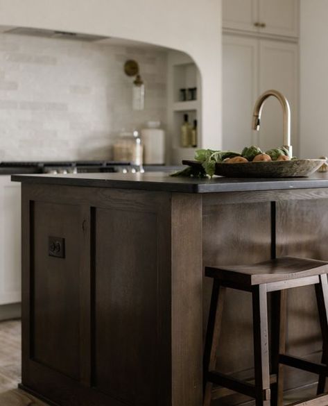 Special Walnut Kitchen Island, Chocolate Brown Kitchen Island, Dark Stain Kitchen Island, Black Walnut Kitchen Island, Kitchen With Stained Island, Dark Brown Kitchen Island, Kitchens With Dark Wood Floors, Dark Wood Kitchen Island, Soapstone Island