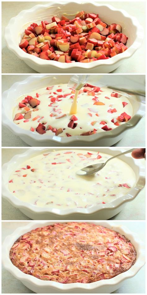 Easiest Pie Ever! This Impossible Rhubarb Custard Pie is whipped up in a few minutes. The filling settles into a thicker layer at the bottom to form its own crust, with a creamy custard layer in the middle, and a tart and fruity layer of rhubarb at the top. No crust to roll out or fiddle with. And the gluten-free version works beautifully as well! Pie is in the oven in minutes! #rhubarbpie #rhubarbcustardpie #crustlesspie #crustlessrhubarbpie #rhubarb #pie Rhubarb Custard Kuchen, Dutch Rhubarb Pie, Old Fashioned Rhubarb Pie, Rubarbe Custard Pie, French Rhubarb Pie, Crustless Rhubarb Pie, Rhubarb Sticky Pudding, Amish Rhubarb Custard Pie, Impossible Rhubarb Pie