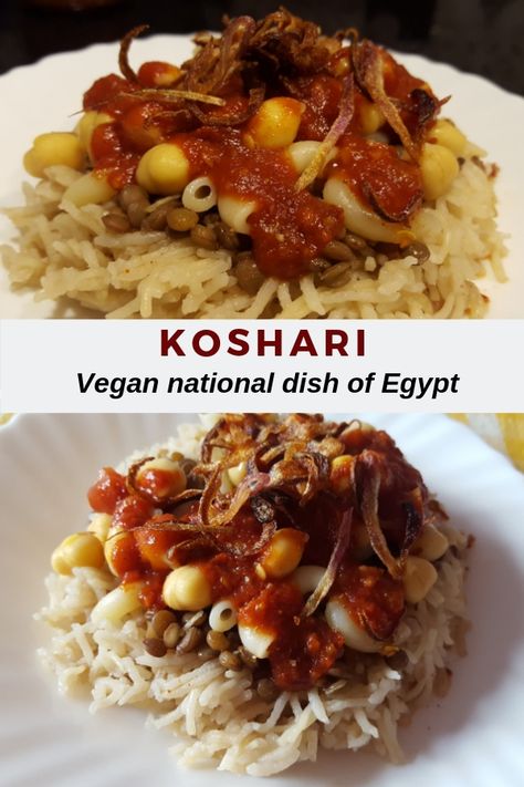 Koshari is a very popular and delicious vegan street food from Egypt. It's also the national dish of Egypt. #Koshari #koshary #vegan #vegetarian #veganstreetfood #streetfood #deliciousvegan #tastyvegan #veganrecipe Recipes From Egypt, Vegan Egyptian Food, Koshari Recipe Egyptian Food, Egypt Food Recipes, Egyptian Koshari Recipe, Koshari Recipe, Egyptian Recipes, Egyptian Food, National Dish