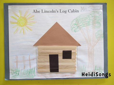 Lincoln's Log Cabin Freebie from HeidiSongs!  Idea:  Glue a penny with Lincoln's head showing on the window!  #kindergarten Log Cabin Craft Preschool, Alamo Activities, Log Cabin Craft, Hearts Preschool, Penny Craft, Camping Week, House Collage, American History Timeline, Cabin Crafts