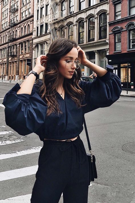 Navy Tops Outfit, Navy Top Black Pants Outfit, Statement Top Outfit, Navy Top Outfit Work, Navy Blue And Black Outfits, Black And Navy Outfit, Navy And Black Outfit, Navy Top Outfit, Blue Blouse Outfit