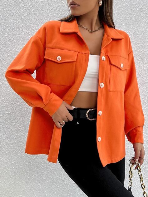 Free Returns ✓ Free Shipping✓. SHEIN PETITE Drop Shoulder Flap Pocket Overcoat- undefined at SHEIN. Orange Jacket Outfit Winter, Orange Jacket Outfit, Tweed Shirt, Winter Jacket Outfits, Orange Jacket, Women Outerwear, Women Overcoat, Basic Outfits, Clothing Labels