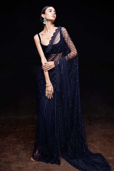 Blue Net Saree, Sawan Gandhi, Embellished Saree, Navy Blue Saree, Crystal Work, Simple Sarees, Indian Dresses Traditional, Indian Blouse, Net Saree