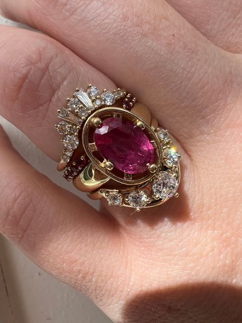 Unique Wedding Rings Ruby, White Gold Ruby Engagement Ring, Open Shank Ring, Vintage Stacked Wedding Rings, Ruby And Diamond Engagement Ring, Unique Wedding Stack, Vintage Ring Stack, Unique Wedding Ring Stack, Unique Engagement Rings Non Traditional Vintage