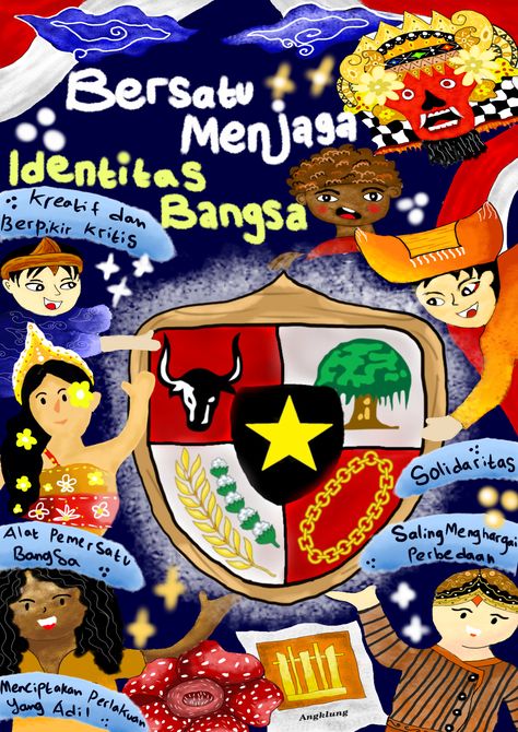 Poster Bersatu Menjaga Identitas Bangsa dengan tema pada Pancasila Ilustrasi Dan Poster, Pin Board Ideas, Earth Day Drawing, Fruit Art Drawings, Bullet Journal Work, Creative School Project Ideas, Yearbook Design, Indonesian Art, Poster Drawing