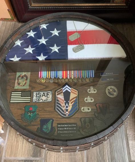 Whiskey / Wine Barrel Military & Law Enforcement Retirement Shadow Box - Etsy Police Christmas Gifts, Shadowbox Ideas, Police Christmas, Custom Display Case, Shadow Box Ideas, Military Box, Military Shadow Box, Barrel Projects, Retirement Ideas