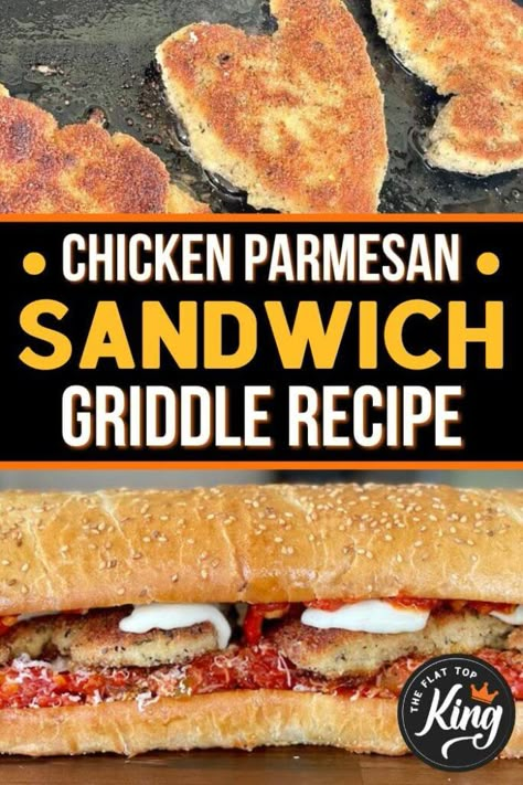 This Blackstone Griddle Chicken Parmesan Sandwich is perfectly crispy and served with a homemade marinara sauce that you can make in a skillet on your griddle top. Add this to your list of griddle sandwich recipes to make on the Blackstone or other flat top grill. Blackstone Chicken Parmesan Sandwich, Black Stone Sandwich Recipes, Chicken Parmesan On Blackstone, Blackstone Chicken Parmesan, Blackstone Chicken Sandwich, Chicken Breast Recipes Blackstone, Sandwiches On Blackstone, Blackstone Sandwiches, Easy Flat Top Grill Recipes