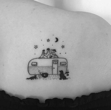 Caravan Tattoo Ideas, Small Camper Tattoo, Camper Tattoo Simple, Happy Camper Tattoo, Airstream Tattoo, Camper Tattoo Ideas, Camper Van Tattoo, Caravan Tattoo, Trailer Tattoo