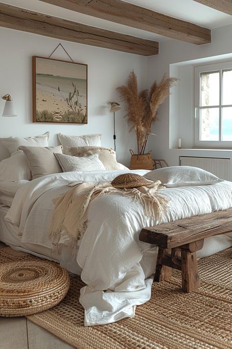 15 Aesthetic Coastal Bedroom Ideas for a Dreamy Retreat 32 Nautical Inspired Bedroom, Beach Minimalist Bedroom, Beachy Master Bed, Greek Room Aesthetic, Beach Vibes Room, Rustic Farmhouse Dining Room Decor, Seaside Bedroom Ideas, Modern Beach Bedroom, Nautical Theme Bedroom