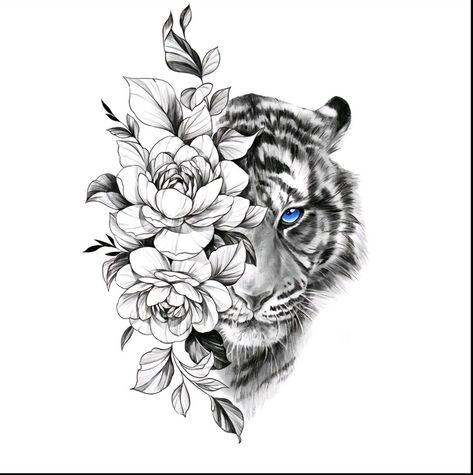 Snow Tiger Tattoo, Tiger Flower Tattoo Design, White Tiger Tattoo For Women, Rose Tiger Tattoo, Tiger Tattoo For Women Thighs, Female Tiger Tattoo, Tiger Flower Tattoo, Floral Animal Tattoo, Cat Eye Tattoos