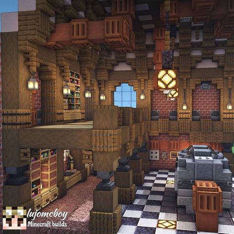 Steampunk Mc Builds, Potion Shop Minecraft Interior, Minecraft Industrial Interior, Steampunk Minecraft Interior, Minecraft Warehouse Interior, Minecraft Steampunk Castle, Mc House Interior, Minecraft Steampunk Village, Minecraft Industrial House