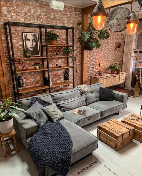 Entertaining Area Indoor, Comfy Living Room Ideas Farmhouse, Desert Industrial Decor, Loft Apartment Inspiration, Industrial Maximalist Decor, Brickwall Interiors, Industrial Apartment Aesthetic, Rustic Family Room Ideas, Industrial Modern Living Room